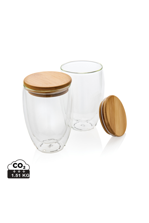 Set de 2 Verres double paroi 350ml avec couvercle en bambou