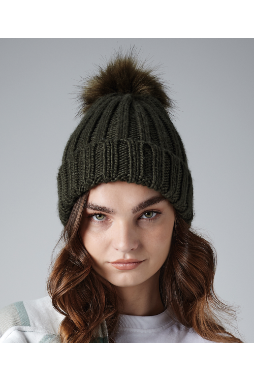 Bonnet à pompon en maille épaisse et fourrure Verbier