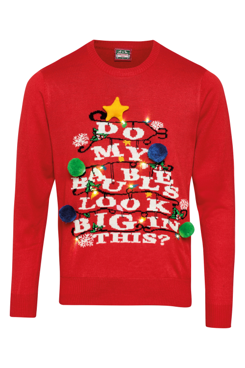 Pull 3D lumineux Adulte "Do my Baubles Look Big in This"* *"Mes boules ont-elles l'air grosses comme ça?"